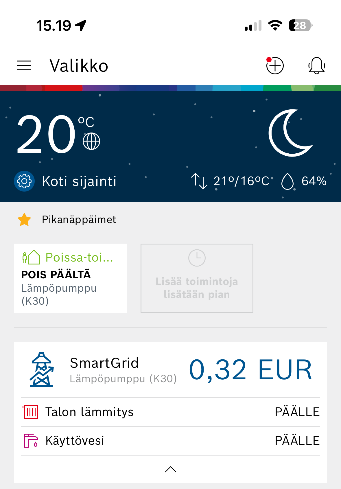 Puhelimen näyttö, missä ohjataan lämmitystä etänä